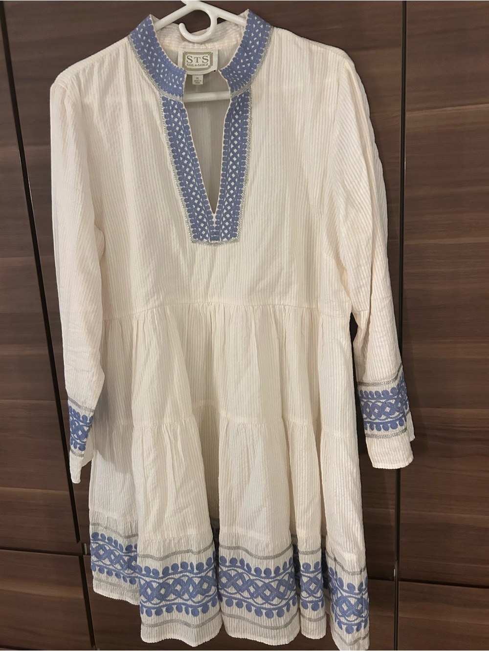 Sail to Sable White Dress with Blue Embroidery